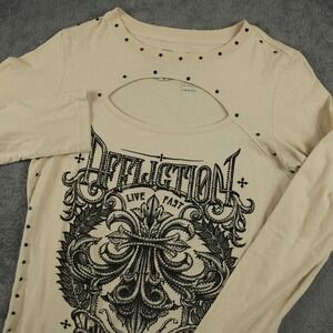 Affliction Corroded Cut-Out T-Shirt Womens M Tan Graphic Long Sleeve Studded